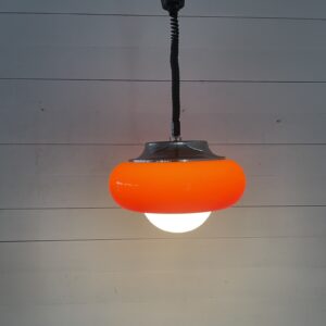 B-377  Vintage Harvey Guzzini Orange Space Age Hängelampe UFO Chrom Italienisches Design 1970er Jahre Deckenlampe