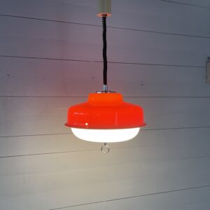 B- 378  Vintage Harvey Guzzini Orange Space Age Hängelampe UFO Chrom Italienisches Design 1970er Jahre Deckenlampe