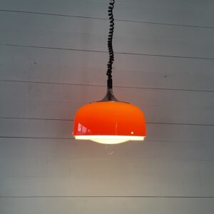 B- 379 Vintage Harvey Guzzini Orange Space Age Hängelampe UFO Chrom Italienisches Design 1970er Jahre Deckenlampe
